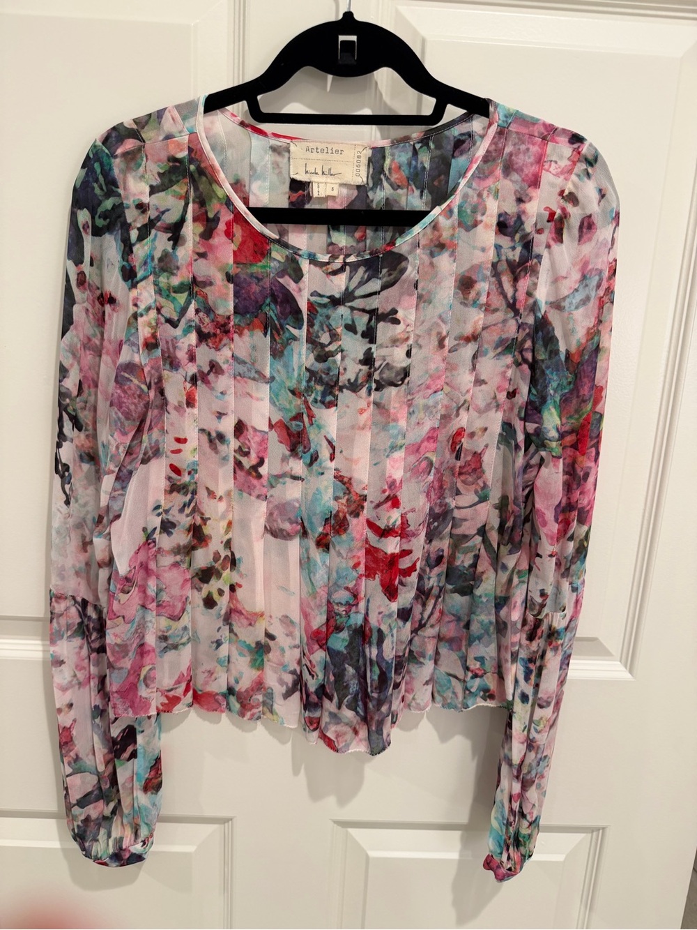 Nicole Miller Sheer Floral Long Sleeve Top - Pink, Teal, Red